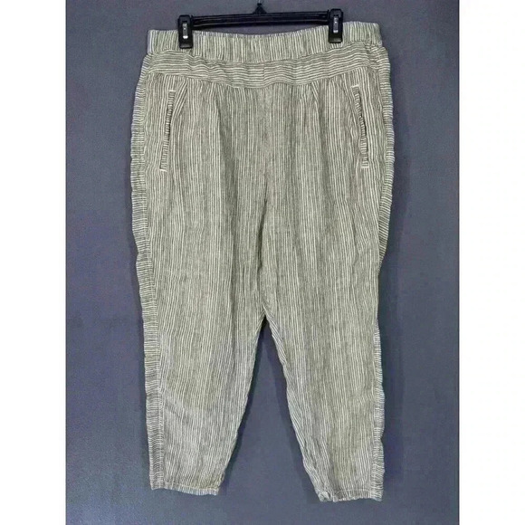 By Anthropologie Pants Womens Large Green Stripe 100% Linen Pull On Ankle Crop - Picture 3 of 10